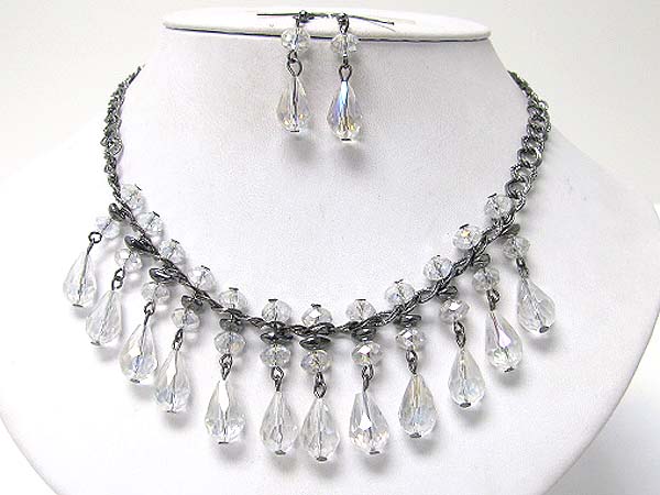 Multi facet glass stone dangle necklace earring set