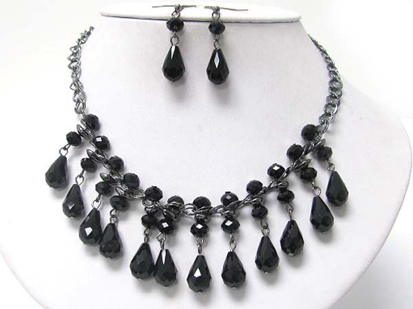 Multi facet glass stone dangle necklace earring set