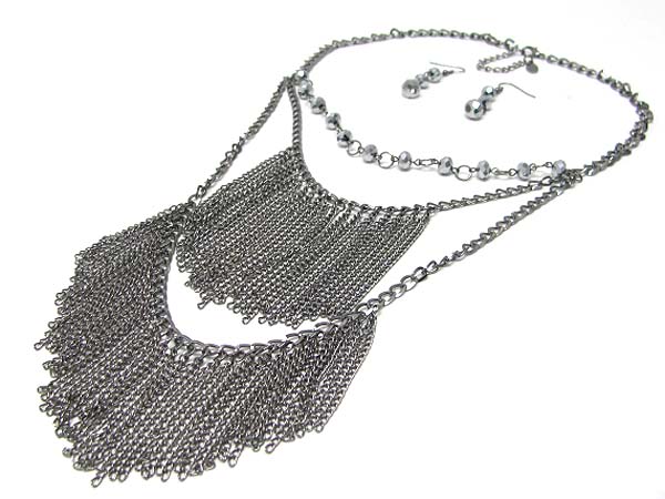 Double layer metal chain drop necklace earring set