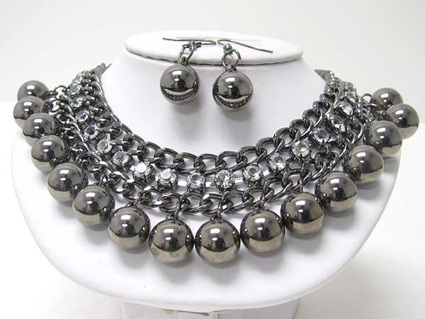 Multi metal ball dangle rhinestone and metal chain necklace earring set