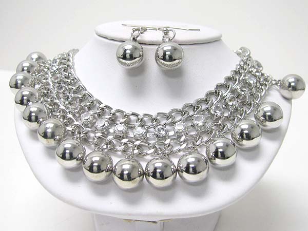 Multi metal ball dangle rhinestone and metal chain necklace earring set