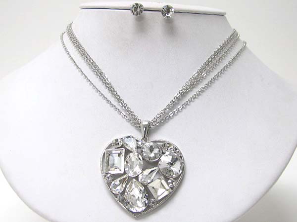 Crystal and glass stone deco heart pendant necklace earring set