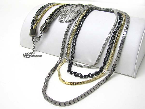 Multi row box and cut chain mixed long necklace earring set