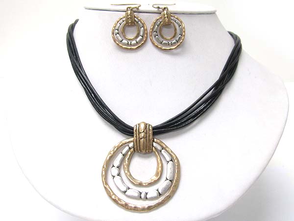 Tri textured metal hoop multi cord necklace earring set - hoops