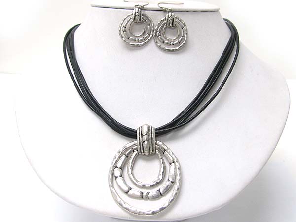 Tri textured metal hoop multi cord necklace earring set - hoops