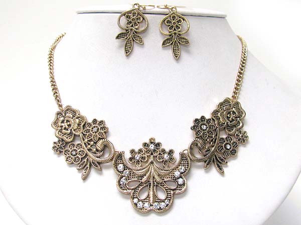 Crystal stud flowers link necklace earring set