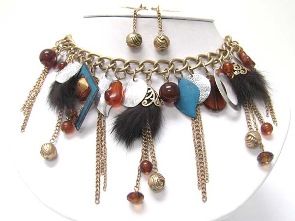 Shell and fur and mixed ball dangle necklace earring set