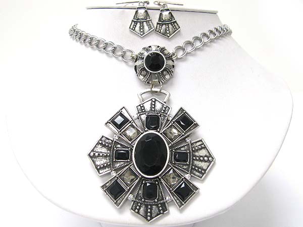 Crystal glass and metal deco medallion necklace earring set