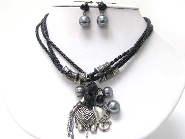 Metal elephant medallion and pearl dangle necklace earring set