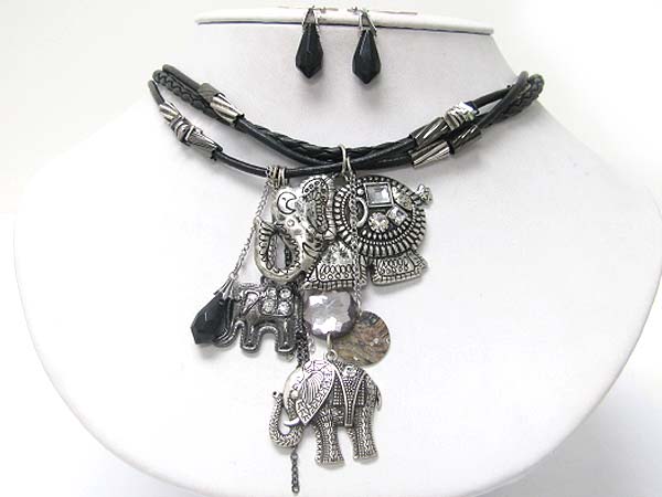 Multi metal elephant and mixed charm dangle necklace earring set