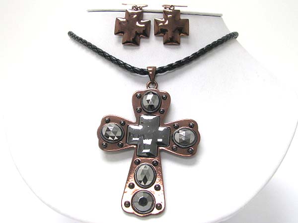 Metallic beads stud large cross pendant necklace earring set