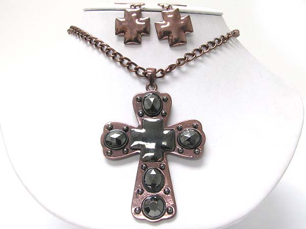 Metallic beads stud large cross pendant necklace earring set