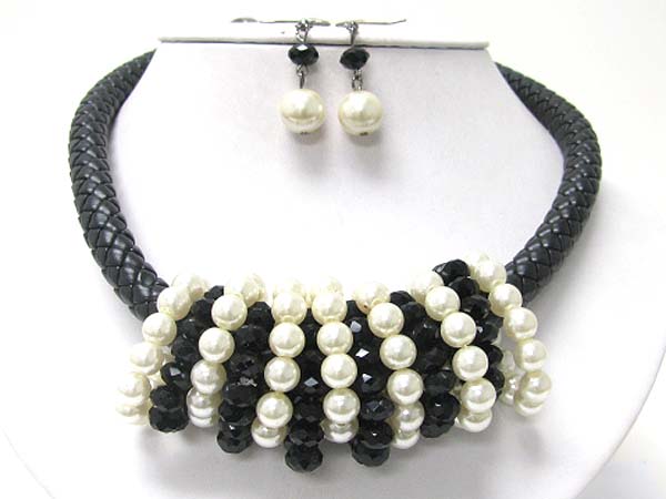 Multi pearl ball and facet glass rings woven cord necklace earring set