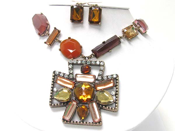 Crystal and glass stone cross medal dangle facet glass stone necklace earring set