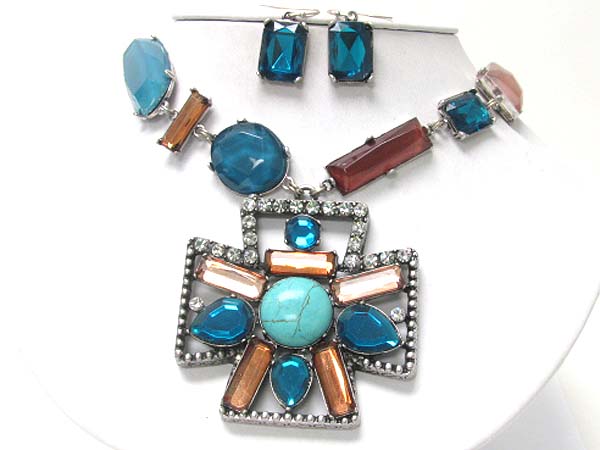 Crystal and glass stone cross medal dangle facet glass stone necklace earring set