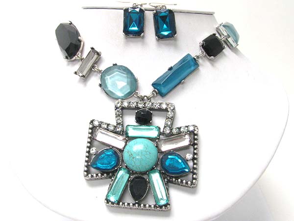 Crystal and glass stone cross medal dangle facet glass stone necklace earring set