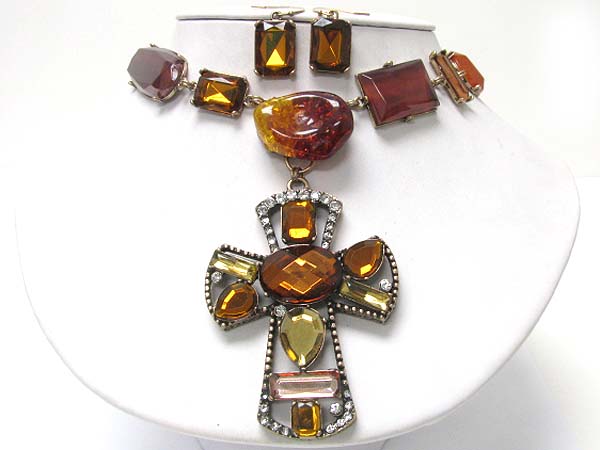 Natural stone resin and glass stone cross medal dangle necklace earring set