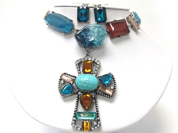 Natural stone resin and glass stone cross medal dangle necklace earring set