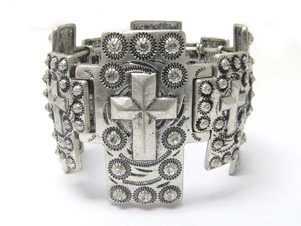 Crystal cross accent antique metal stretch bracelet?