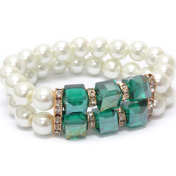 Cube glass and double layer pearl stretch bracelet