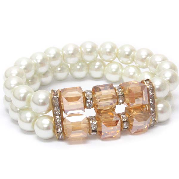 Cube glass and double layer pearl stretch bracelet