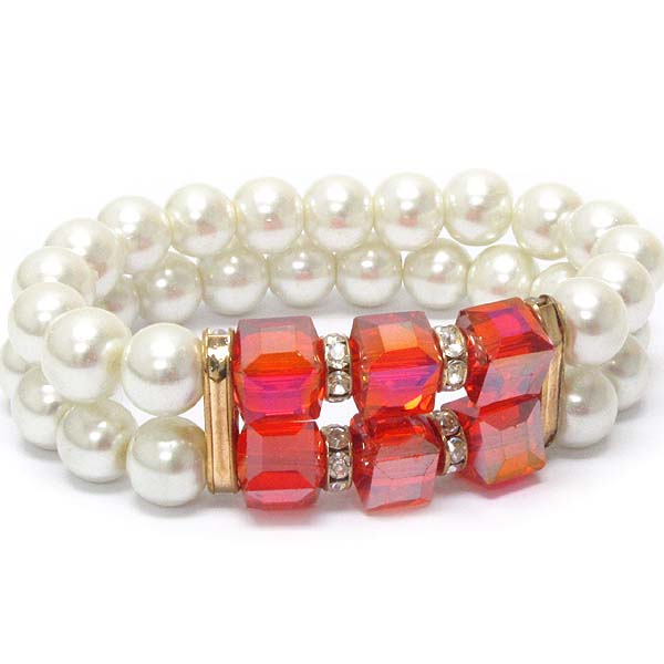 Cube glass and double layer pearl stretch bracelet