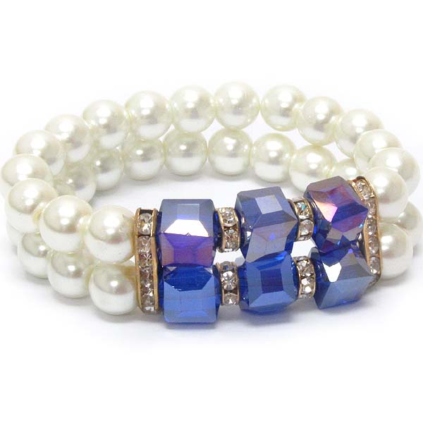 Cube glass and double layer pearl stretch bracelet