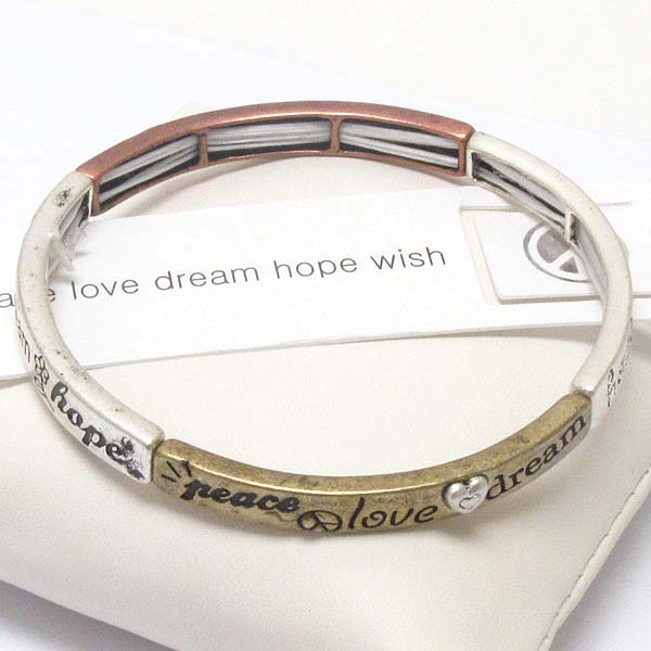 Inspiration message stretch bracelet - peace love dream hope wish - bookmark included