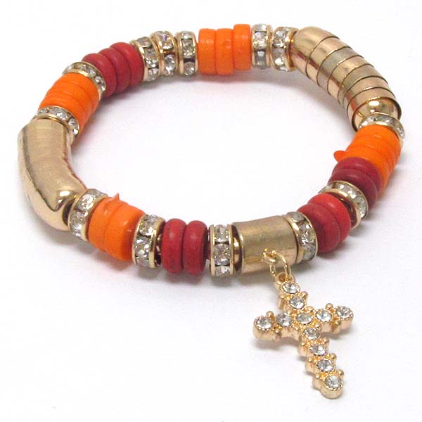 Crystal cross charm and rondelle deco stretch bracelet