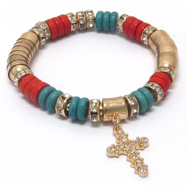 Crystal cross charm and rondelle deco stretch bracelet