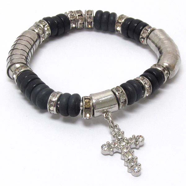 Crystal cross charm and rondelle deco stretch bracelet