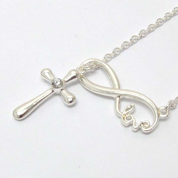 Crystal deco cross and love infinite pendant necklace