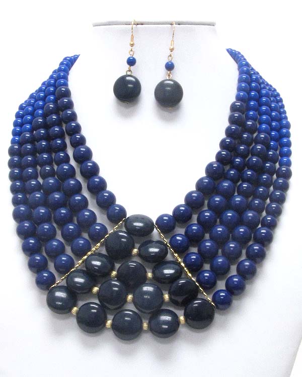 Chunky multi puffy disk and ball mix 5 layered chain necklace earring set