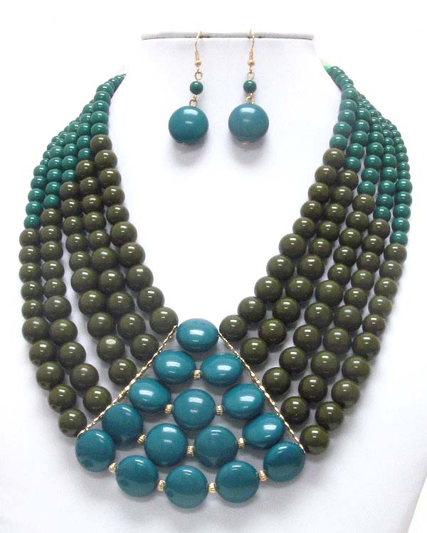 Chunky multi puffy disk and ball mix 5 layered chain necklace earring set