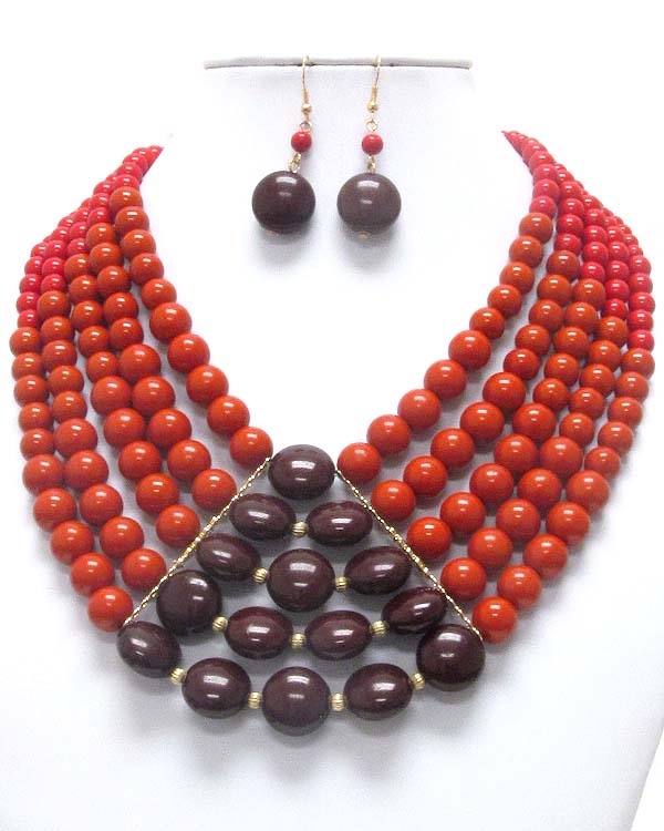 Chunky multi puffy disk and ball mix 5 layered chain necklace earring set