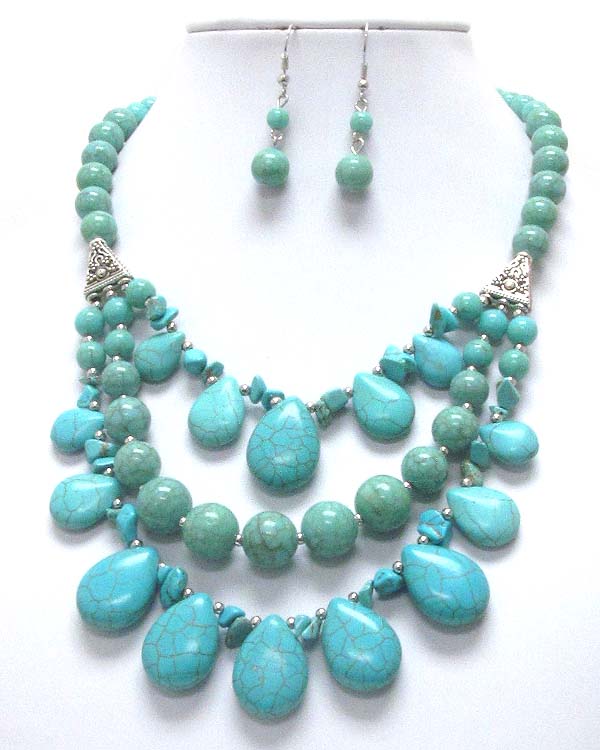 Multi teardrop and turquoise ball deco 3 layered chain drop necklace earring set