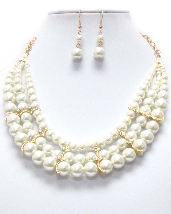 Crystal and 3 layered multi pearl chain necklace earring set