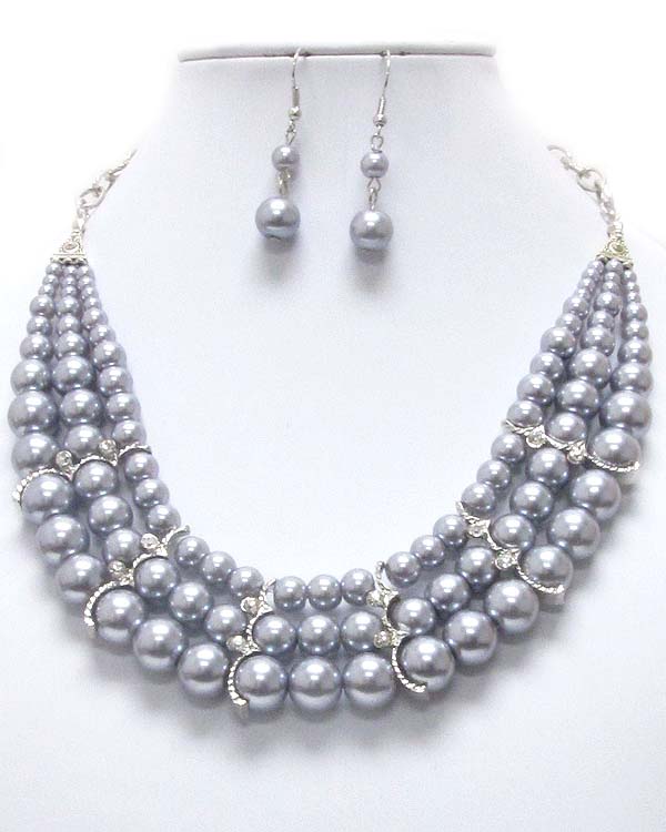 Crystal and 3 layered multi pearl chain necklace earring set