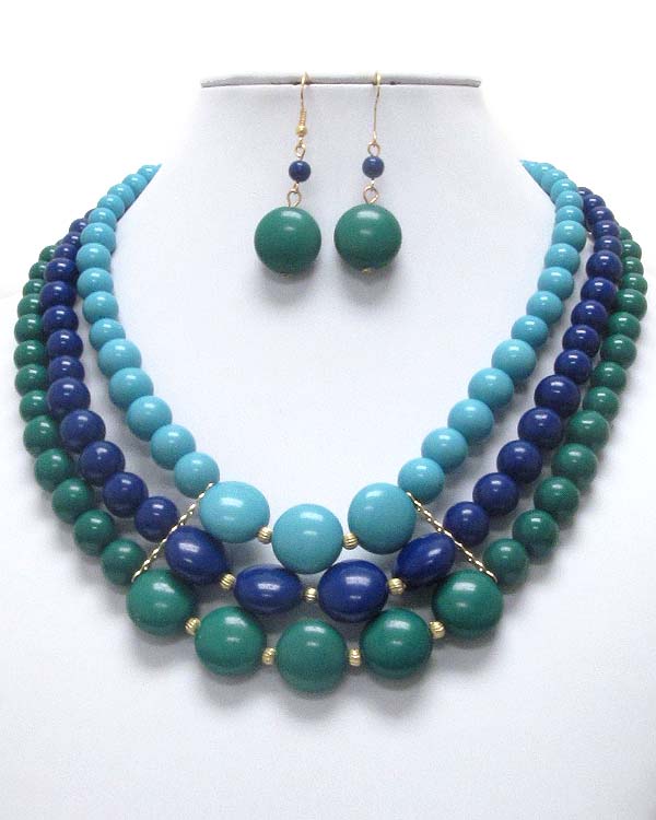 Chunky multi color puffy disk and ball mix 3 layered chain necklace earring set