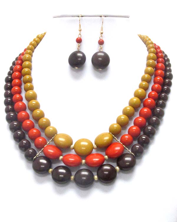 Chunky multi color puffy disk and ball mix 3 layered chain necklace earring set