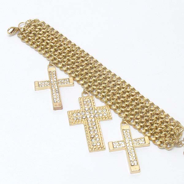 Triple crystal cross and metal chain link bracelet