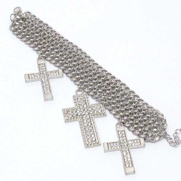 Triple crystal cross and metal chain link bracelet