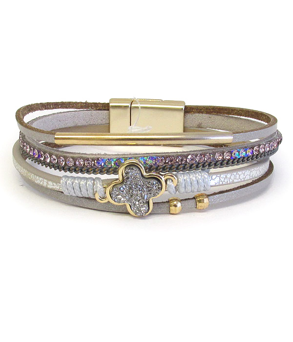 Multi layer leatherette magnetic bracelet - druzy quatrefoil
