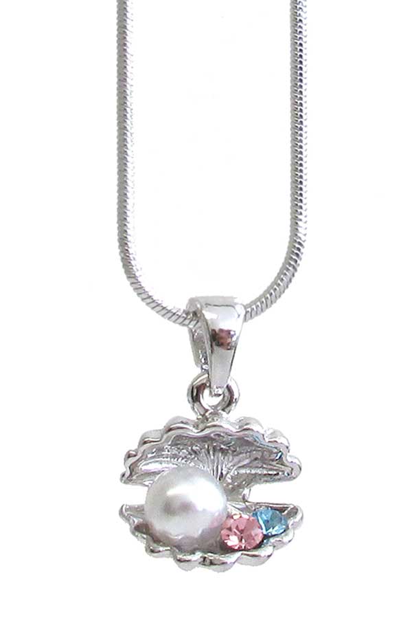 MADE IN KOREA WHITEGOLD PLATING CRYSTAL PEARL SHELL PENDANT NECKLACE