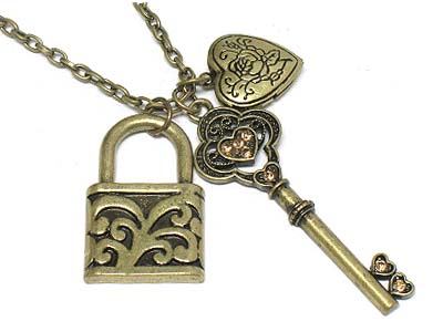 Crystal deco key and lock charm necklace