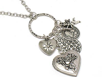 Casting metal heart locketand multi charm necklace