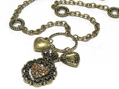 Crystal heart deco crown and heart charm necklace 