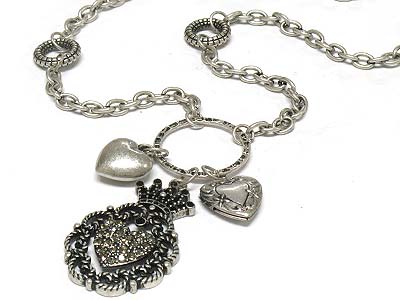 Crystal heart deco crown and heart charm necklace 