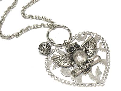 Crystal deco owl and large heart disk charm necklace