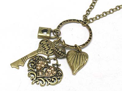 Crystal heart shape lock and key charms necklace